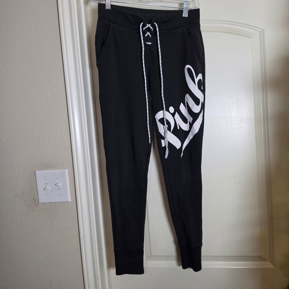 Victorias Secret PINK Black Lace Up Front Logo Joggers Sweatpants Womens XS